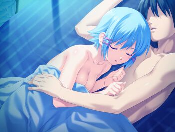 10s 1boy 1girl bed black_hair blue_hair bra breasts cleavage closed_eyes faceless faceless_male game_cg hetero highres himuro_rikka koutaro short_hair sleeping tropical_kiss underwear