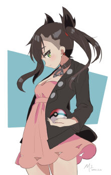 1girl absurdres asymmetrical_bangs black_choker black_collar black_hair black_jacket breasts choker cleavage closed_mouth collar cowboy_shot dress ear_piercing green_eyes hair_ribbon highres holding holding_poke_ball jacket kenji_(black85114) looking_at_viewer marnie_(pokemon) nintendo piercing pink_dress poke_ball poke_ball_(basic) pokemon pokemon_swsh red_ribbon ribbon short_dress sideways_glance small_breasts solo twintails undercut white_background