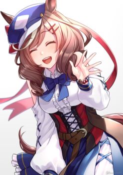 Rule 34 | 1girl, akatsuki (kuon), animal ears, blue bow, blue hat, blue skirt, blush, bow, breasts, brown hair, center frills, closed mouth, clothing cutout, commentary request, corset, ears through headwear, facing viewer, frills, hair ornament, hairclip, hat, horse ears, horse girl, horse tail, matikanetannhauser (panpaka tiltott) (umamusume), matikanetannhauser (umamusume), medium breasts, medium hair, multicolored hair, newsboy cap, open mouth, parallel hairclips, red corset, shirt, shoulder cutout, simple background, skirt, smile, solo, streaked hair, tail, teeth, tilted headwear, umamusume, upper teeth only, waving, white background, white shirt, white skirt