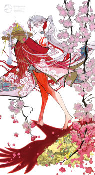 1girl absurdres back_tattoo barefoot commentary_request different_shadow floral_print flower full_body grey_hair highres japanese_clothes kimono long_hair looking_at_viewer original petals red_kimono shiguretau solo tattoo traditional_media very_long_hair walking white_eyes
