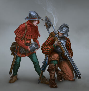 2boys absurdres ammunition_pouch antique_firearm armor arquebus autocannon bayonet bollock_dagger boots breastplate brown_boots brown_eyes brown_shoes bullpup cannon chainmail coif cylinder_(weapon) dagger firearm gambeson gun handgun helmet highres hood ivan_yakushev kettle_helm knife multiple_boys on_one_knee original pouch puffy_sleeves red_hair reloading revolver revolver_cannon scar scar_across_eye scar_on_face shoes smoke smoking_barrel sword weapon