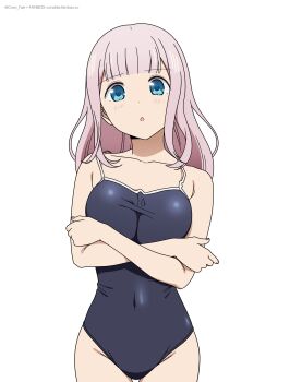 1girl :o arms_under_breasts artist_name black_one-piece_swimsuit blue_eyes blunt_bangs breasts commentary coro_fae covered_navel cowboy_shot crossed_arms dot_nose fujiwara_chika highres kaguya-sama_wa_kokurasetai_~tensai-tachi_no_renai_zunousen~ long_hair looking_at_viewer no_hair_bow one-piece_swimsuit parted_lips pink_hair simple_background solo standing swimsuit white_background