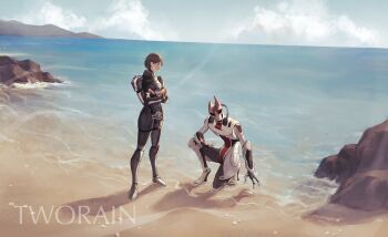 1boy 1girl alien artist_name beach black_eyes brown_hair character_request check_character closed_mouth cloud cloudy_sky commander_shepard commander_shepard_(female) commentary copyright_request crossed_arms dark_skin english_commentary full_body grey_sky highres holding holding_shell looking_at_another looking_at_viewer mass_effect_(series) mordin_solus ocean on_one_knee outdoors shell short_hair sky smile spacesuit standing tworain_w watermark waves