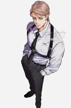 1boy absurdres belt black_belt black_necktie black_pants brown_hair chest_strap collared_shirt commentary_request facial_hair from_above full_body hands_in_pockets highres jean_kirstein male_focus necktie pants shingeki_no_kyojin shirt shirt_tucked_in short_hair simple_background solo standing stubble white_background yuka_levi