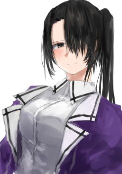 Rule 34 | 73suke, absurdres, black hair, brown eyes, collared shirt, dress shirt, hair over one eye, highres, jacket, kantai collection, long hair, nachi (kancolle), nachi kai ni (kancolle), open clothes, open jacket, purple jacket, shirt, side ponytail, simple background, upper body, white background, white shirt
