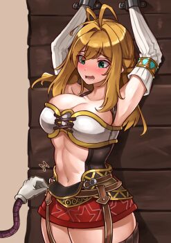 1girl absurdres antenna_hair arms_up belt blonde_hair blush breasts brown_belt brown_thighhighs commentary_request cowboy_shot detached_sleeves fiora_(xenoblade) green_eyes highres large_breasts long_hair miniskirt navel red_skirt restrained skirt solo thighhighs white_sleeves xenoblade_chronicles_(series) xenoblade_chronicles_1 yotsuha_uni