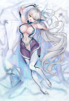 1girl absurdres arms_up black_bodystocking breasts commentary_request commission full_body gloves green_eyes grey_hair hair_ribbon highres houchi_shoujo kiyama_satoshi large_breasts long_hair looking_at_viewer lying navel on_back open_mouth pubic_tattoo ribbon rimuchi_(vtuber) sidelocks skeb_commission smile solo tattoo thighhighs very_long_hair virtual_youtuber white_gloves white_thighhighs