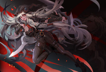 1girl armor assassin belt belt_buckle black_bodysuit blonde_hair bodysuit boots braid breasts buckle chain cleavage cleavage_cutout cloak clock clothing_cutout dungeon_and_fighter fingerless_gloves floral_print flower full_body gloves hair_over_one_eye high_heels holding holding_weapon hood hooded_cloak knife large_breasts leather leather_boots leather_pants lian light_smile lipstick long_hair makeup pants red_eyes rose rose_print shadow_dancer_(dungeon_and_fighter) shiny_clothes shiny_legwear shoulder_armor smile solo spikes thief_(dungeon_and_fighter) thigh_boots thighhighs torn_clothes twin_braids very_long_hair weapon