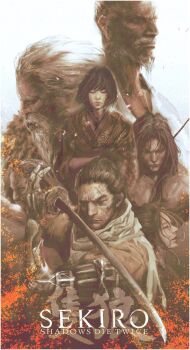 ashina_genichirou ashina_isshin beard capelet coat emma_the_gentle_blade facial_hair floating_head fromsoftware fur_capelet graffitigw great_shinobi_owl grey_scarf highres holding holding_sword holding_weapon katana kuro_the_divine_heir mechanical_arms ninja old old_man orange_coat prosthesis prosthetic_arm scarf sculptor_(sekiro) sekiro sekiro:_shadows_die_twice single_mechanical_arm sword topknot topless_male torn_clothes torn_coat weapon