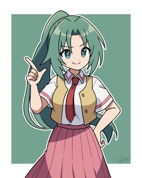 Rule 34 | 1girl, absurdres, breasts, collared shirt, garloo, green background, green eyes, green hair, hand on own hip, highres, higurashi no naku koro ni, inktober, long hair, looking at viewer, necktie, pink skirt, pointing, pointing up, ponytail, red necktie, ribbon-trimmed sleeves, ribbon trim, shirt, signature, skirt, smile, solo, sonozaki mion, t-shirt, two-tone background, white background