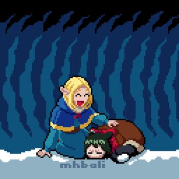 2girls ^_^ animal_ears animated animated_gif annoyed arm_at_side arm_support artist_name belt black_hair blonde_hair blue_background blue_capelet blue_robe brown_coat capelet cat_ears cat_girl cat_tail closed_eyes coat comforting commentary dungeon_meshi elf english_commentary furrowed_brow green_hair hair_down hand_on_another&#039;s_back hood hood_down hooded_capelet izutsumi long_hair long_sleeves marcille_donato mohammed_bali multiple_girls on_ground open_mouth outstretched_arm parted_bangs pixel_art pointy_ears prostration red_scarf robe scarf seiza short_hair sitting snow tail tail_wagging