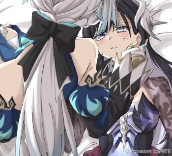 Rule 34 | 2girls, bare shoulders, black hair, blue eyes, blue streaks, blush, cerydra (honkai: star rail), commentary request, detached sleeves, dress, honkai: star rail, honkai (series), hysilens (honkai: star rail), jewelry, long hair, multiple girls, parted lips, purple dress, ring, scales, syonosuke9573, white hair, yuri