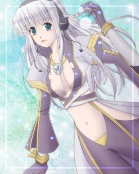 1girl black_gloves black_pants blue_background blue_eyes braid breasts cleavage coat commentary_request cowboy_shot crop_top dated_commentary deviruchi gloves grey_coat grey_hair grey_shirt headphones large_breasts long_hair looking_at_viewer navel open_clothes open_coat open_mouth pants ragnarok_online sharari shirt side_braid single_braid smile solo suspenders warlock_(ragnarok_online)