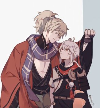 2boys antenna_hair armor artist_name asymmetrical_sleeves bandaged_arm bandages belt black_belt black_gloves black_kimono black_sash black_scarf blonde_hair chest_belt cleavage_cutout closed_mouth clothing_cutout coat commentary crossed_bangs english_commentary eye_contact fingerless_gloves genshin_impact gloves grey_background grey_pants hair_between_eyes haori height_difference high_ponytail highres japanese_armor japanese_clothes kaedehara_kazuha kazuha's_friend_(genshin_impact) kimono kuro_lee long_hair long_sleeves looking_at_another looking_down looking_up low_ponytail male_focus mismatched_sleeves multicolored_hair multiple_boys open_clothes open_coat pants pectoral_cleavage pectorals pom_pom_(clothes) ponytail profile purple_eyes purple_scarf red_coat red_eyes red_hair red_scarf sash scarf short_sleeves shoulder_armor sidelocks simple_background single_sode smile sode solo standing streaked_hair sweatdrop tassel twitter_username two-tone_background white_background white_hair white_kimono wide_sleeves yaoi