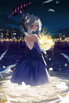 1girl absurdres back bead_necklace beads black_horns blue_archive blurry blurry_background bouquet closed_mouth commentary_request demon_horns dress earrings elbow_gloves flower from_behind gloves grey_hair hair_bun halo highres hina_(blue_archive) hina_(dress)_(blue_archive) holding holding_bouquet horns jewelry liangle_(13777171889) looking_at_viewer looking_back necklace night purple_dress purple_eyes purple_gloves solo standing water