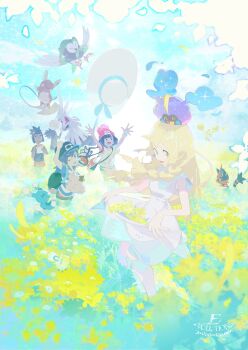 2girls 3boys ahoge alolan_form alolan_raichu backpack bag baseball_cap beanie black_hair black_shirt blonde_hair blue_eyes braid breasts brionne capri_pants character_doll clefairy closed_mouth cosmog dark-skinned_male dark_skin dartrix doll dress e_volution eating elio_(pokemon) field floral_print flower gen_1_pokemon gen_7_pokemon gladion_(pokemon) green_eyes green_hair green_shorts hair_over_one_eye hat hau_(pokemon) highres hood hooded_vest hoodie legendary_pokemon lillie_(pokemon) long_hair malasada multiple_boys multiple_girls nintendo one_eye_closed open_mouth orange_shoes oricorio oricorio_(pom-pom) pants pokemon pokemon_(creature) pokemon_sm raichu red_hat selene_(pokemon) shirt shoes short_hair short_sleeves shorts silvally sleeveless sleeveless_dress small_breasts smile striped_clothes striped_shirt stuffed_toy sun_hat t-shirt tied_shirt torracat twin_braids vest white_dress white_hat yellow_shirt yellow_shorts z-ring