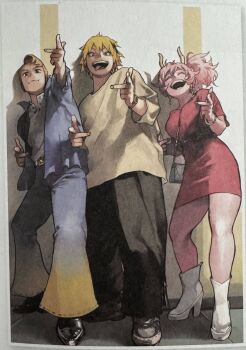 1girl 2boys aged_up alternate_costume alternate_hairstyle aoyama_yuuga ashido_mina bag bell-bottoms blonde_hair blue_shirt boku_no_hero_academia boots bracelet closed_eyes colored_skin curvy dress handbag happy high_heels horikoshi_kouhei horns jewelry kaminari_denki multiple_boys official_art open_clothes open_mouth open_shirt pants pink_hair pink_skin pointing red_dress shirt shoes short_dress smile standing teeth thighs tongue white_boots white_shirt yellow_shirt