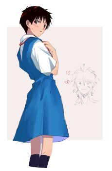 Rule 34 | 2boys, black hair, black socks, blue skirt, blush, border, brown eyes, collared shirt, cropped legs, crossdressing, crossdressing (mtf), from side, heart, highres, ikari shinji, kneehighs, looking at viewer, male focus, medium skirt, multiple boys, nagisa kaworu, neon genesis evangelion, outside border, red ribbon, ribbon, school uniform, shirt, short hair, skirt, socks, solo focus, suspender skirt, suspenders, tokyo-3 middle school uniform, white border, white shirt, yaoi, yorumi1117