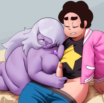 Rule 34 | 1boy, 1girl, absurdres, afro, amethyst (steven universe), biting own lip, black hair, breasts, chest jewel, closed mouth, colored skin, completely nude, cum, erection, hair over one eye, handjob, highres, inker comics, jacket, large breasts, long hair, male pubic hair, naughty face, nipples, nude, on bed, penis, pink jacket, plump, pubic hair, purple hair, purple skin, smile, star (symbol), steven quartz universe, steven universe, steven universe future, thick lips, thick thighs, thighs