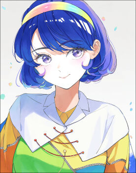 1girl blue_cape blue_eyes blue_hair cape closed_mouth commentary_request dress hairband happy highres konruri_blue multicolored_dress multicolored_hairband patchwork_clothes rainbow_gradient rainbow_hairband short_hair sky_print smile solo tenkyuu_chimata touhou two-sided_cape two-sided_fabric unconnected_marketeers white_cape zipper