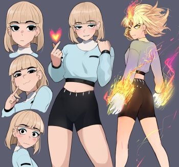 1girl :3 aqua_eyeshadow ass black_eyes black_shorts blonde_hair blunt_bangs blush breasts closed_mouth ear_piercing earrings eyeshadow fire from_behind grey_background heart highres jentry_chau jentry_chau_vs_the_underworld jewelry jourd4n long_sleeves looking_at_viewer makeup medium_breasts multiple_earrings multiple_views navel parted_lips piercing pyrokinesis short_hair short_shorts shorts simple_background smile stud_earrings third_eye