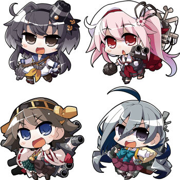 &gt;:d 10s 4girls :d ahoge akaneya bad_id bad_pixiv_id blue_eyes blue_hair brown_eyes brown_hair chibi detached_sleeves gradient_hair grey_eyes grey_hair hairband harusame_(kancolle) hat hiei_(kancolle) kantai_collection kiyoshimo_(kancolle) long_hair low_twintails machinery multicolored_hair multiple_girls nontraditional_miko open_mouth pink_hair pleated_skirt red_eyes school_uniform serafuku ship_turret short_hair side_ponytail skirt smile tokitsukaze_(kancolle) twintails two-tone_hair v-shaped_eyebrows