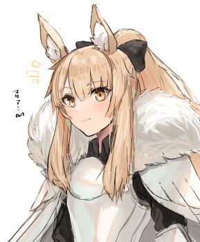 1girl absurdres animal_ear_fluff animal_ears arknights armor black_bow blemishine_(arknights) blonde_hair bow character_name commentary hair_bow highres horn/wood horse_ears horse_girl light_blush long_hair looking_at_viewer notice_lines ponytail shirt sidelocks simple_background sketch solo upper_body very_long_hair white_background white_shirt yellow_eyes