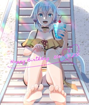 animal_ears artist_name bare_legs bare_shoulders barefoot beach bell bikini birthday_date black_choker blue_eyes blue_hair breasts cat_ears cat_girl cat_tail chair character_name choker cleavage commentary_request double-parted_bangs food food_request full_body hair_between_eyes hand_on_own_knee hand_up happy_birthday highres holding holding_food jingle_bell knees_up lounge_chair medium_hair messy_hair midriff_peek mismatched_bikini navel neck_bell orange_bikini sidelocks sinon sinon_(sao-alo) sitting soles straight-on swimsuit sword_art_online tail translation_request tu_tora2 twitter_username watermark white_bikini