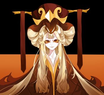Rule 34 | 1girl, absurdres, black background, blonde hair, brown eyes, colored sclera, cookie run, cream hair, fangs, highres, long eyelashes, long hair, looking at viewer, orange background, simple background, slit pupils, snake fruit cookie, solo, source request, tagme, two-tone background, very long hair, yellow sclera