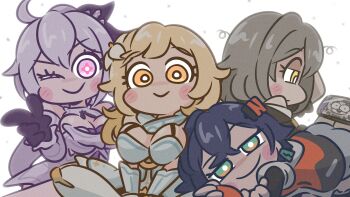 ;) absurdres ahoge bare_shoulders belle_(zenless_zone_zero) blonde_hair blue_hair blush_stickers breasts bright_pupils cellphone chinese_commentary cho_theg cleavage commentary_request firefly_(honkai:_star_rail) genshin_impact green_eyes grey_hair hair_ornament highres honkai:_star_rail honkai_(series) honkai_impact_3rd kiana_kaslana large_breasts long_hair looking_at_viewer lumine_(genshin_impact) mihoyo one_eye_closed phone pink_eyes smartphone smile stelle_(honkai:_star_rail) trailblazer_(honkai:_star_rail) white_pupils yellow_eyes zenless_zone_zero