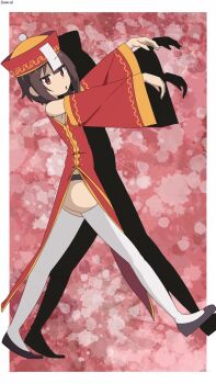 1girl artist_name ass bambi2000line black_panties black_shoes brown_hair commentary detached_sleeves from_side full_body hat highres jiangshi_costume jitome kono_subarashii_sekai_ni_shukufuku_wo! megumin outstretched_arms panties parted_lips qingdai_guanmao red_background red_eyes red_hat red_sleeves shoes short_hair side_slit solo thighhighs thighs underwear walking white_thighhighs zombie_pose