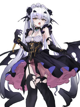 1girl absurdres bare_shoulders black_dress black_gloves black_thighhighs breasts dress fate/grand_order fate_(series) forked_eyebrows full_body gloves highres long_hair looking_at_viewer maid_headdress melusine_(fate) open_mouth sidelocks small_breasts solo thighhighs tray white_background white_hair wings yellow_eyes yugusan5