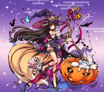 1girl animal animal_ear_fluff animal_ears bangle bat_(animal) black_hair black_shoes blunt_bangs bracelet breasts cleavage commentary_request company_name copyright_logo copyright_name copyright_notice dakki_(himegami_kagura) detached_sleeves dress flats fox fox_ears fox_girl fox_tail from_side full_body ghost halloween halloween_costume hat highres himegami_kagura hitodama holding holding_staff huge_breasts jewelry large_hat large_tail logo long_hair looking_at_viewer ms06s multiple_tails official_art open_mouth pumpkin purple_dress red_eyes red_ribbon ribbon shoes side_slit sleeveless sleeveless_dress smile solo staff standing standing_on_one_leg tail thighs underbust wide_sleeves witch witch_hat