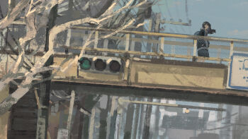 1girl absurdres backpack bag bare_tree black_hair bridge commentary_request expressionless grey_hoodie highres hood hood_down hoodie jacket katakai long_hair open_clothes open_jacket original outdoors pedestrian_bridge power_lines scenery sky traffic_light tree wide_shot