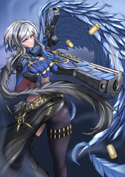 1girl absurdres aiming asymmetrical_clothes black_gloves black_hair black_jacket black_pants black_thighhighs blue_hair blue_nails closed_mouth commentary dual_wielding ear_piercing feather_hair galbrena_(wuthering_waves) gloves gradient_hair grey_hair gun handgun highres holding holding_gun holding_weapon jacket kc_yuki89 long_hair looking_at_viewer multicolored_hair pants piercing purple_eyes single_glove single_pantsleg single_thighhigh smoke smoking_barrel solo streaked_hair thighhighs very_long_fingernails very_long_hair weapon wuthering_waves