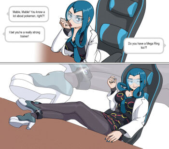 1girl absurdres black_pantyhose blue_eyes blue_hair breasts cleavage commentary english_commentary english_text hair_rings highres lab_coat looking_at_viewer looking_to_the_side mable_(pokemon) mercuryred nintendo pantyhose pokemon pokemon_(creature) pokemon_legends:_z-a sitting solo speech_bubble sweat