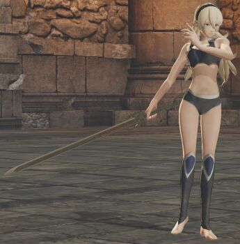 1girl 3d armor armpits bare_shoulders barefoot bra breasts broken_armor building cleavage collarbone female_corrin_(fire_emblem) feet female_focus fighting_pose fingernails fire_emblem fire_emblem_fates fire_emblem_warriors hair_ornament hairband holding holding_sword holding_weapon legs long_hair medium_breasts midriff multicolored_underwear navel neck nintendo official_alternate_costume official_underwear outdoors pale_skin panties pointy_ears red_eyes serious silver_hair solo standing sword thighs tiptoes toenails toes underwear underwear_only weapon