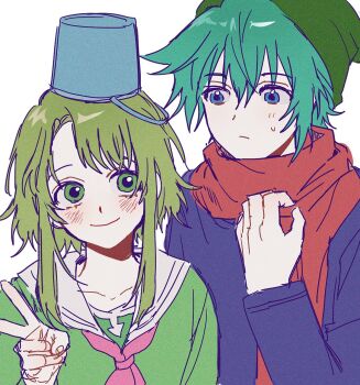 1boy 1girl bad_id bad_twitter_id beanie blue_eyes bucket commentary_request frown green_eyes green_hair green_hat green_shirt hair_between_eyes hand_up hat hiyori_sou kimi_ga_shine kizuchi_kanna korean_commentary long_sleeves looking_at_another neckerchief pink_neckerchief portrait purple_shirt red_scarf sailor_collar scarf shirt short_hair short_hair_with_long_locks sidelocks simple_background smile v white_background white_sailor_collar yp_(pypy_5_)