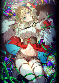 1girl absurdres arm_up armpits bare_shoulders black_shorts blonde_hair blush breasts corset crop_top detached_sleeves enj! green_eyes hairband highres large_breasts long_hair long_sleeves looking_at_viewer midriff navel open_fly original shirt short_shorts shorts solo thigh_strap thorns white_shirt wolf