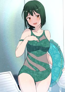 Rule 34 | 1girl, absurdres, bare shoulders, breasts, chair, cleavage, collarbone, commentary request, cowboy shot, frilled innertube, frills, gluteal fold, green hair, green one-piece swimsuit, highres, holding, holding swim ring, innertube, looking at viewer, lounge chair, love live!, love live! nijigasaki high school idol club, low ponytail, medium breasts, medium hair, mifune shioriko, mifune shioriko (kujibikido swimsuit), official alternate costume, one-piece swimsuit, orange eyes, ponytail, see-through cleavage, see-through clothes, see-through one-piece swimsuit, solo, swim ring, swimsuit, zasshoku ojisan