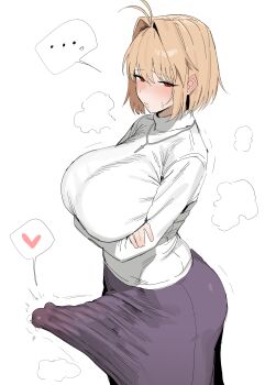 1girl absurdres arcueid_brunestud blonde_hair breasts commentary_request futanari heart highres huge_breasts looking_at_viewer melty_blood_arcueid_figure_(meme) meme penis short_hair simple_background solo spoken_heart sweater tsukihime white_background white_sweater xipa