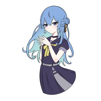 1girl black_choker black_dress blue_eyes blue_hair braid choker commentary dress fong_(fongthe0125) hair_between_eyes hands_up highres hololive hoshimachi_suisei long_hair looking_at_viewer parted_lips pleated_dress puffy_short_sleeves puffy_sleeves short_sleeves simple_background solo steepled_fingers very_long_hair virtual_youtuber white_background