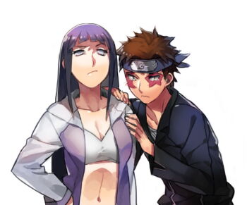 1boy 1girl black_jacket breasts brown_hair cleavage forehead_protector hime_cut hyuuga_hinata inuzuka_kiba jacket konohagakure_symbol large_breasts littleb long_hair long_sleeves looking_at_viewer naruto:_road_to_ninja naruto_(series) naruto_shippuuden ninja purple_hair short_hair simple_background sports_bra upper_body white_background white_eyes white_jacket white_sports_bra