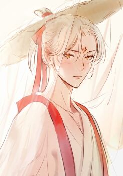 1boy chinese_clothes closed_mouth collarbone commentary cream_background english_commentary hair_bun hair_ribbon hanfu huadian kkcoocool long_hair looking_at_viewer male_focus project_camellia red_ribbon red_trim ribbon see-through_clothes see-through_veil single_hair_bun solo upper_body veil white_hair white_hanfu xiao_hua_(project_camellia) yellow_eyes