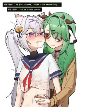 2girls absurdres animal_ear_fluff animal_ears bell blue_eyes blue_sailor_collar breasts brown_coat cat_girl coat coffee coffee_mug colored_sclera cow_ears cow_girl cow_horns crelly cup english_text fang filian_(vtuber) flat_chest green_hair grey_sclera hair_bell hair_ornament heterochromia highres horns hug indie_virtual_youtuber lactation lavidi midriff milk mug multiple_girls navel nervous nervous_sweating nipple_stimulation nipples pinching ponytail purple_eyes red_eyes sailor_collar sailor_shirt see-through_clothes see-through_shirt sexually_suggestive shirt side_ponytail skin_fang small_breasts stomach sweat virtual_youtuber white_background white_hair yuri
