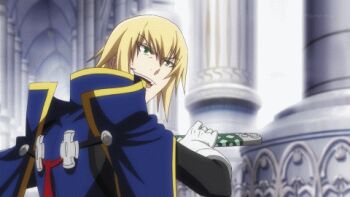 1boy animated animated_gif arc_system_works battle blazblue blazblue:_alter_memory blonde_hair crazy_eyes crazy_smile gloves ice kisaragi_jin lowres male_focus military military_uniform pillar quality smile sword weapon