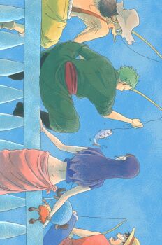 1girl 4boys antlers blue_sky boots commentary_request cropped_jacket eyewear_on_head facing_away fish fishing green_kimono hair_slicked_back hat headphones horns japanese_clothes kimono long_hair long_nose looking_at_another monkey_d._luffy multiple_boys nico_robin nico_robin_(return_to_sabaody) nikoban official_alternate_costume one_piece pink_sarong reindeer_antlers roronoa_zoro sarong scar scar_on_face short_hair sitting sky sleeveless straw_hat tony_tony_chopper usopp