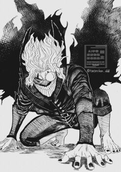 1boy all_fours barefoot belt_buckle buckle commentary_request dandadan facial_mark feet gakuran glasses greyscale highres kami_high_school_uniform looking_at_viewer male_focus mask monochrome mouth_mask pants pants_rolled_up round_eyewear school_uniform short_hair solo takakura_ken_(dandadan) takakura_ken_(transformed)_(dandadan) tontrochan_ddd transformation twitter_username