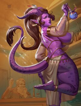 1boy 1girl absurdres anklet ass beard bracelet breasts brown_hair colored_skin demon_girl detached_sleeves ear_piercing earrings facial_hair fantasy feet frown glasses highres holding holding_vial horns huge_ass huge_breasts indoors jewelry kostictoxic long_hair monster_girl old old_man original pelvic_curtain piercing pointy_ears ponytail potion purple_skin sagging_breasts see-through_clothes see-through_sleeves shelf shop sideboob sideboob_cutout solo_focus spots tail thick_thighs thighs tiefling vial white_sleeves wide_hips yellow_eyes