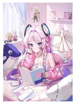 Rule 34 | 1girl, aether (genshin impact), alternate costume, barefoot, blue eyes, book, braid, breasts, character doll, citlali (genshin impact), cleavage, collarbone, commentary, doll, dress, facial mark, floating headgear, forehead mark, genshin impact, headgear, highres, holding, holding book, indoors, jacket, long hair, looking at viewer, lying, miho (mymiho), on bed, on stomach, parted bangs, pink hair, pink jacket, pink pupils, poster (object), ring hair ornament, side braid, solo, symbol-only commentary, triangle, triangle facial mark, white dress